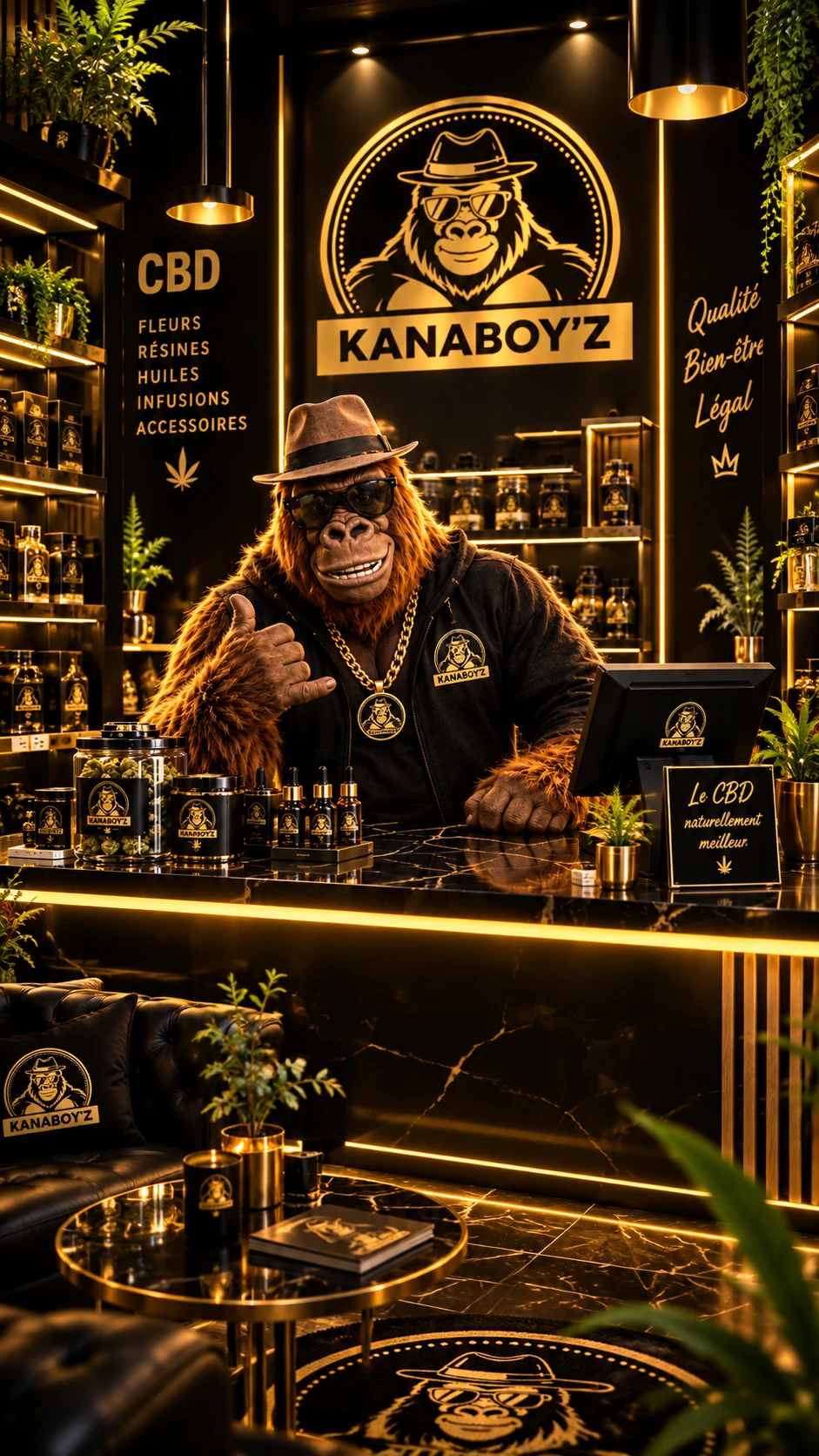 KapounK, le gorille mascotte de KanaBoy'Z, derrière son comptoir de fleurs et résines CBD